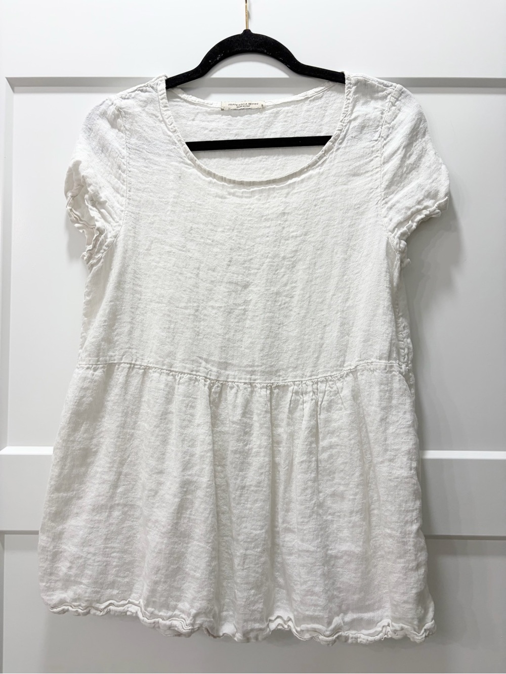Francesca Bettini White Linen Peplum Blouse S Round Neck Puff Short Sleeve